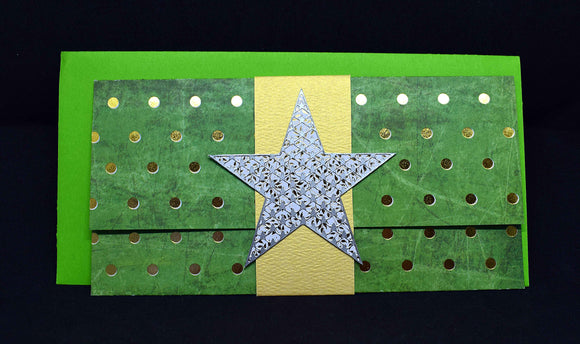 Carte pochette de Noël verte à pois dorés au fermoir étoile