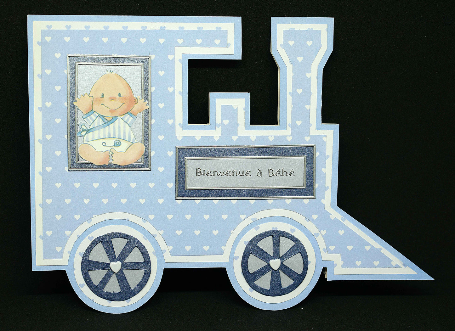 Carte de naissanceen forme de train bleu -  Carte bébé 3D faite main