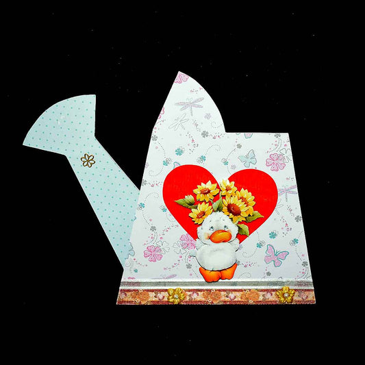 Carte d'anniversaire femme canard au bouquet - Carte en forme d'arrosoir personnalisable