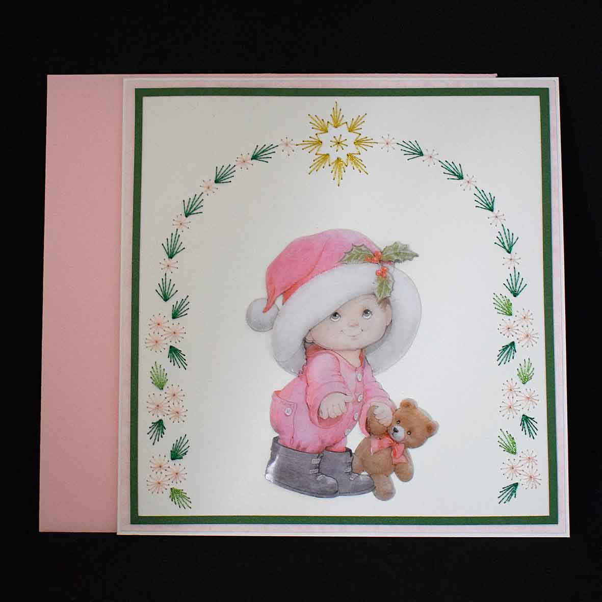 Carte de Noël artisanale 3D – enfant et ours de Noël, carte faite main