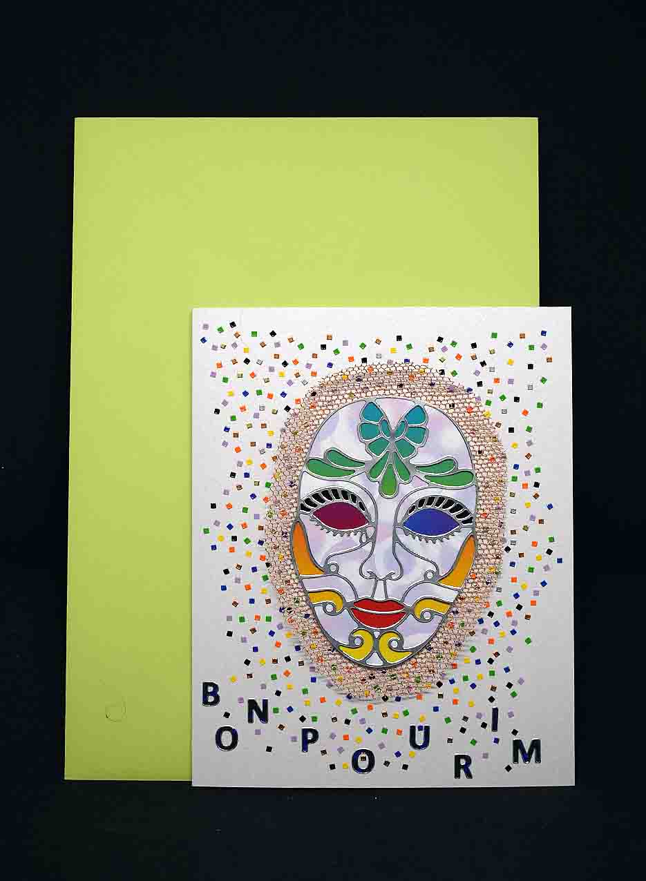 Carte  de Pourim 3D masque et confetis – carte artisanale personnalisable fête juive