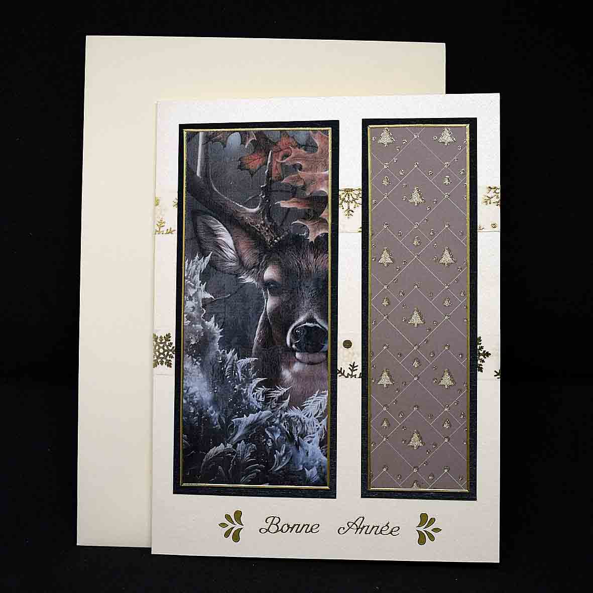 Carte de Noël en relief, motifs cerf et sapins