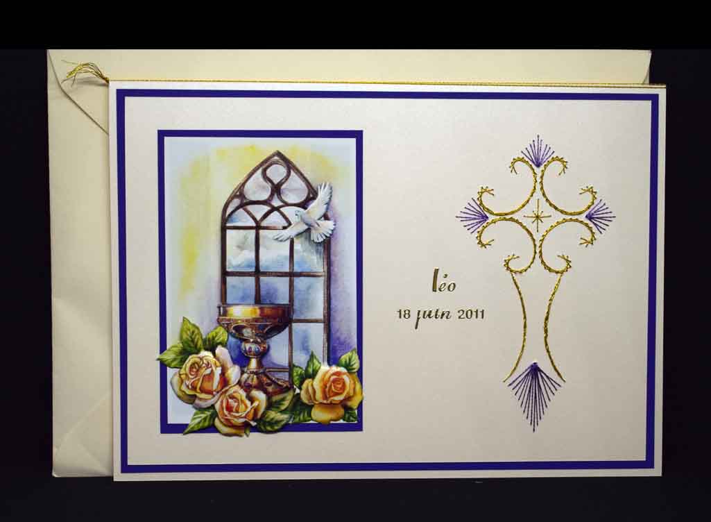 Carte de communion en relief 3D – Carte croix brodée personnalisable – Création artisanale