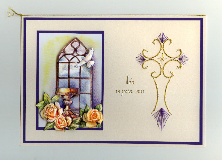 Carte de communion en relief 3D – Carte croix brodée personnalisable – Création artisanale
