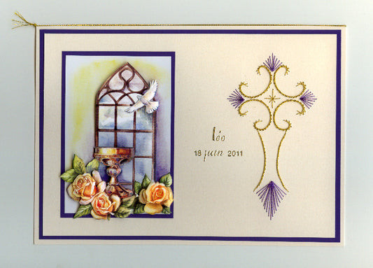 Carte de communion en relief 3D – Carte croix brodée personnalisable – Création artisanale