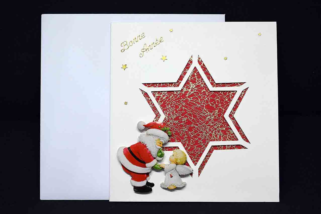 Carte de voeux Noël en 3D découpe étoilée rouge motif 3D père noel et ange