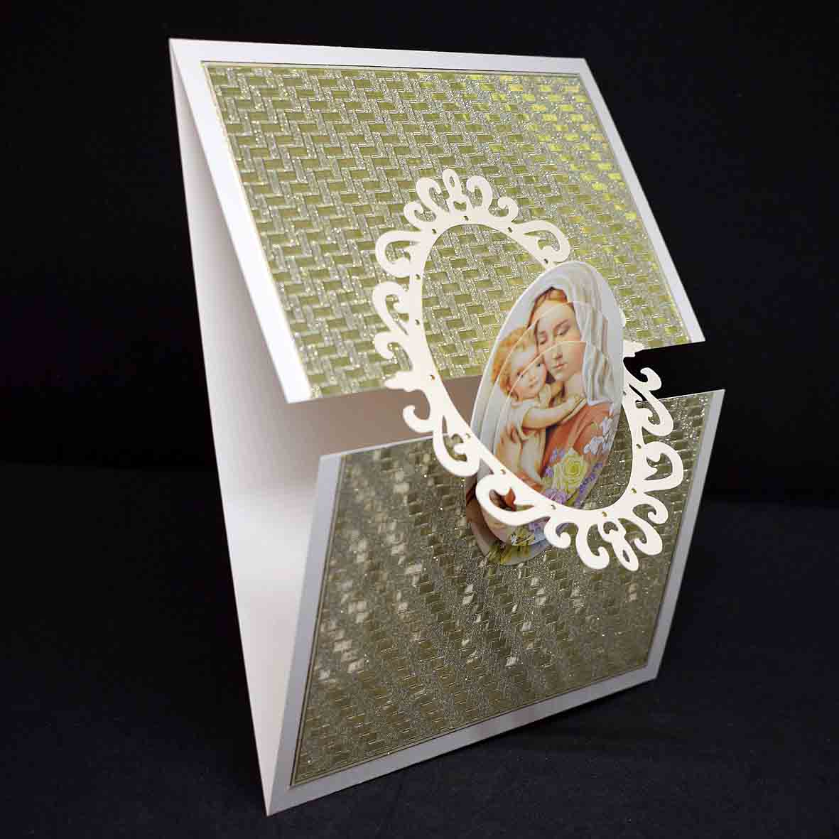 Carte de Noël en 3D blanche et dorée aux motifs religieux