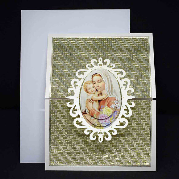 Carte de Noël en 3D blanche et dorée aux motifs religieux