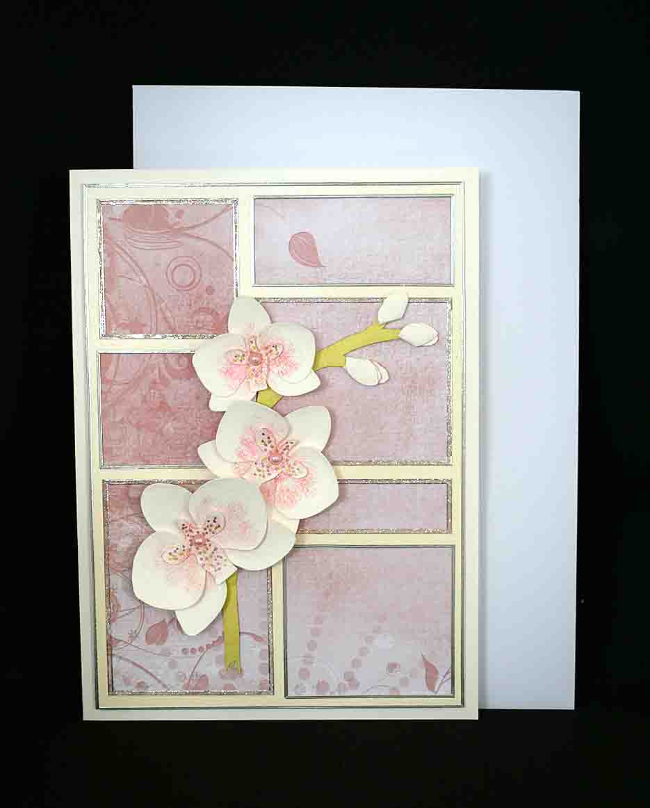 Carte florale blanche et vieux rose motif  branche d'orchidée blanche et rose