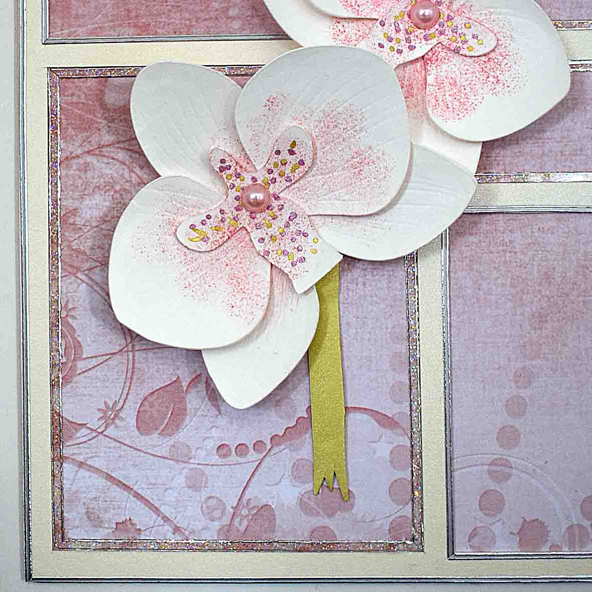 Carte florale blanche et vieux rose motif  branche d'orchidée blanche et rose