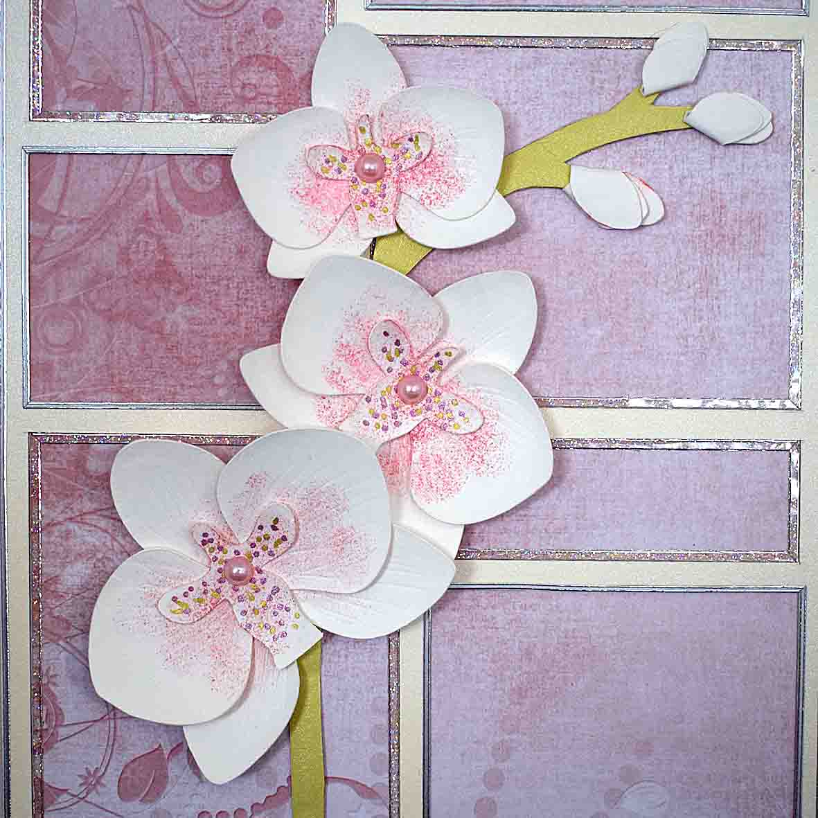 Carte florale blanche et vieux rose motif  branche d'orchidée blanche et rose