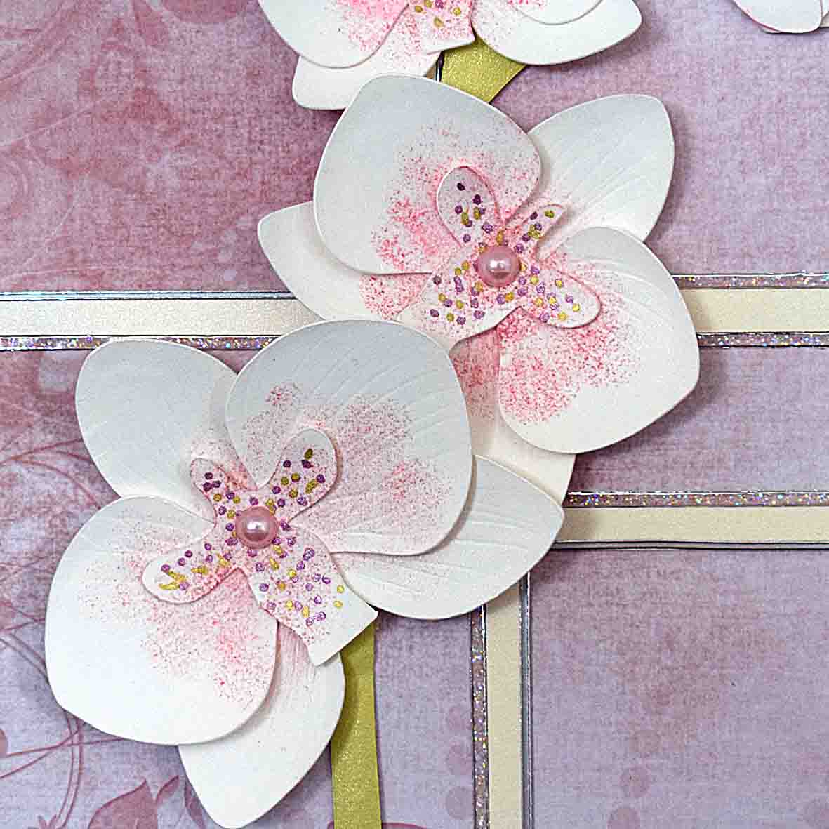 Carte florale blanche et vieux rose motif  branche d'orchidée blanche et rose