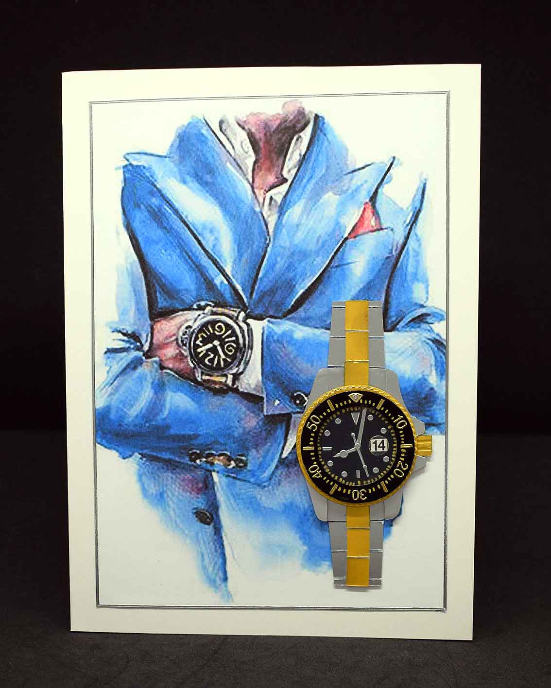 Carte d'anniversaire en 3D motif homme au costume bleu et montre argenté dorée et bleue