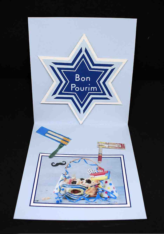 Carte  de Pourim 3D bleu – carte artisanale personnalisable fête juive