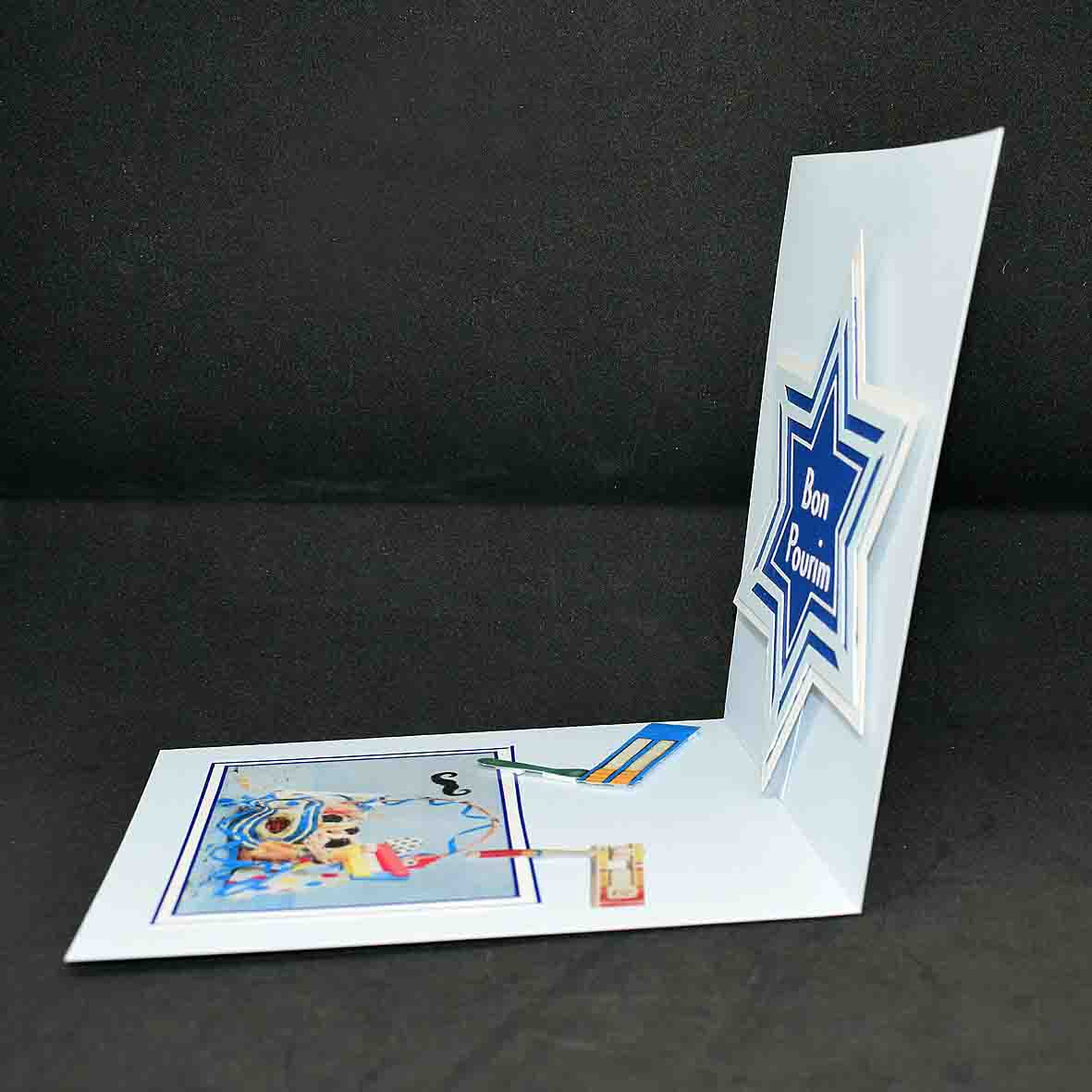 Carte  de Pourim 3D bleu – carte artisanale personnalisable fête juive