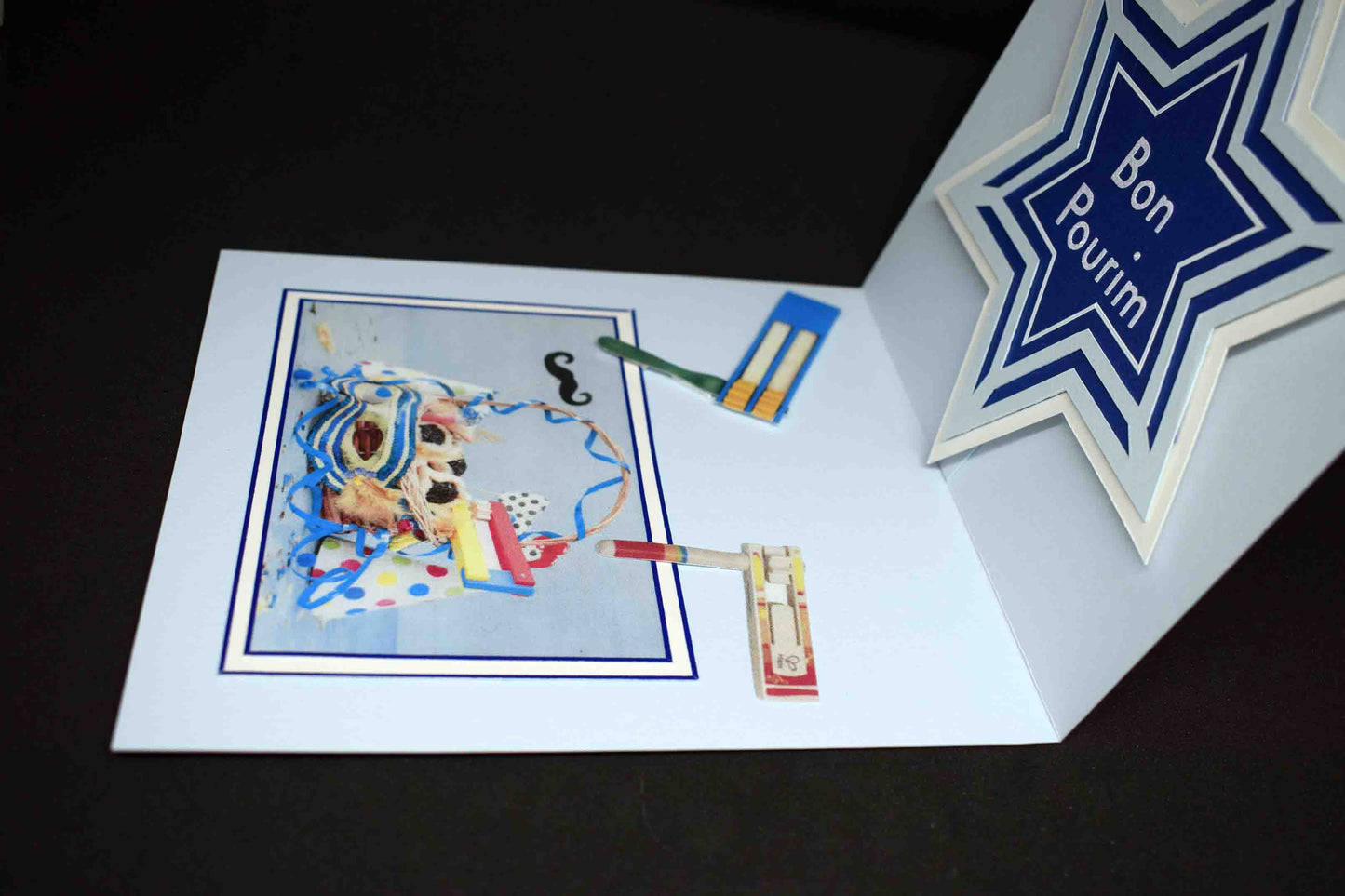 Carte  de Pourim 3D bleu – carte artisanale personnalisable fête juive