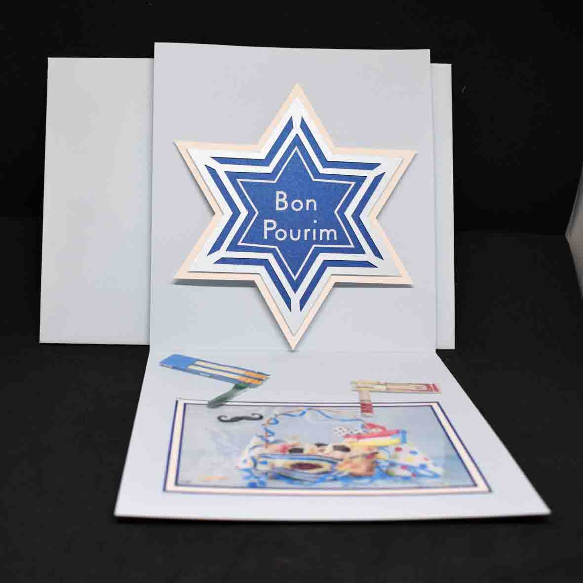 Carte  de Pourim 3D bleu – carte artisanale personnalisable fête juive