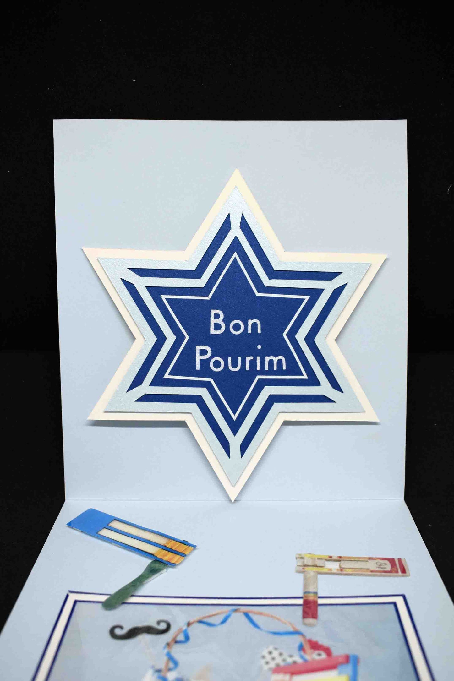 Carte  de Pourim 3D bleu – carte artisanale personnalisable fête juive