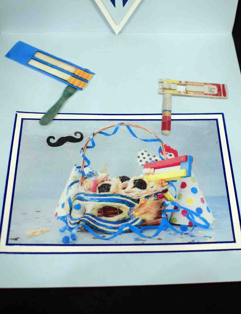 Carte  de Pourim 3D bleu – carte artisanale personnalisable fête juive