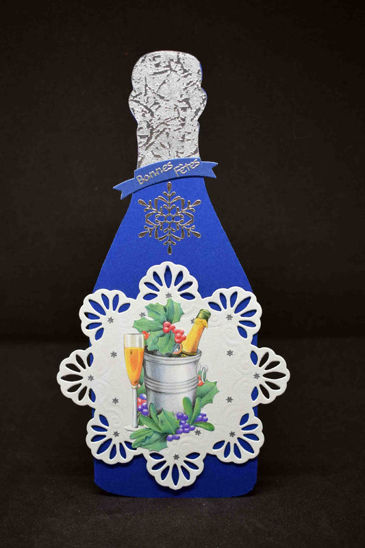 Carte de Noël en 3D bleue, motif seau à champagne