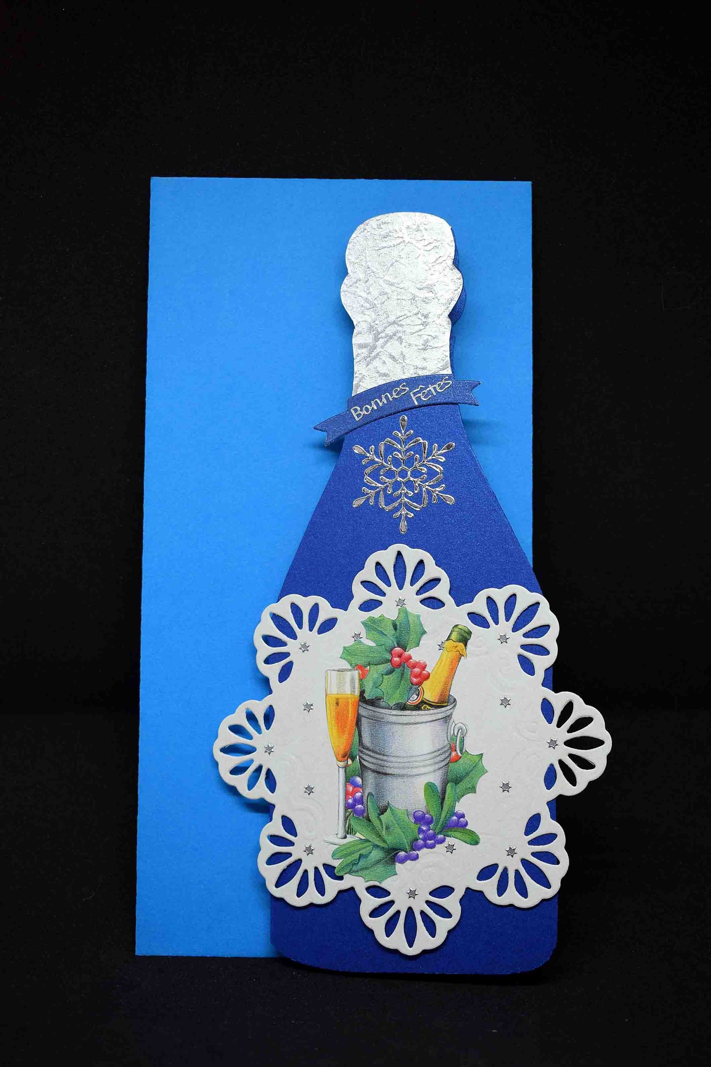 Carte de Noël en 3D bleue, motif seau à champagne