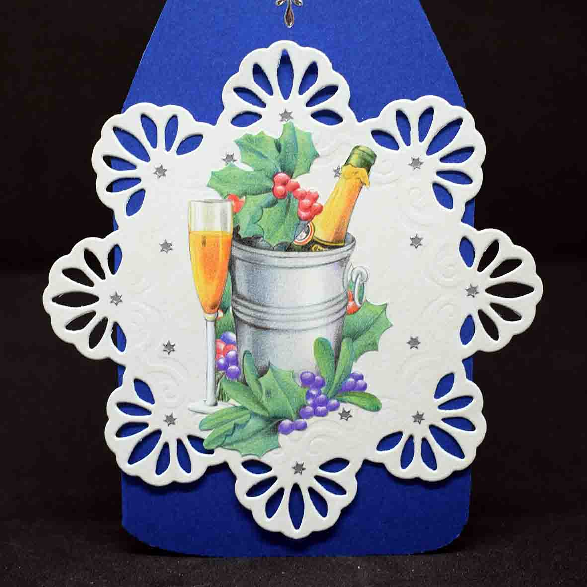 Carte de Noël en 3D bleue, motif seau à champagne