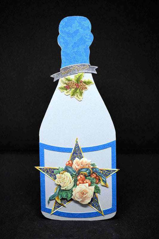 Carte de Noêl 3D en forme de bouteille grise et bleue - carte artisanale personnalisable motif fleurs