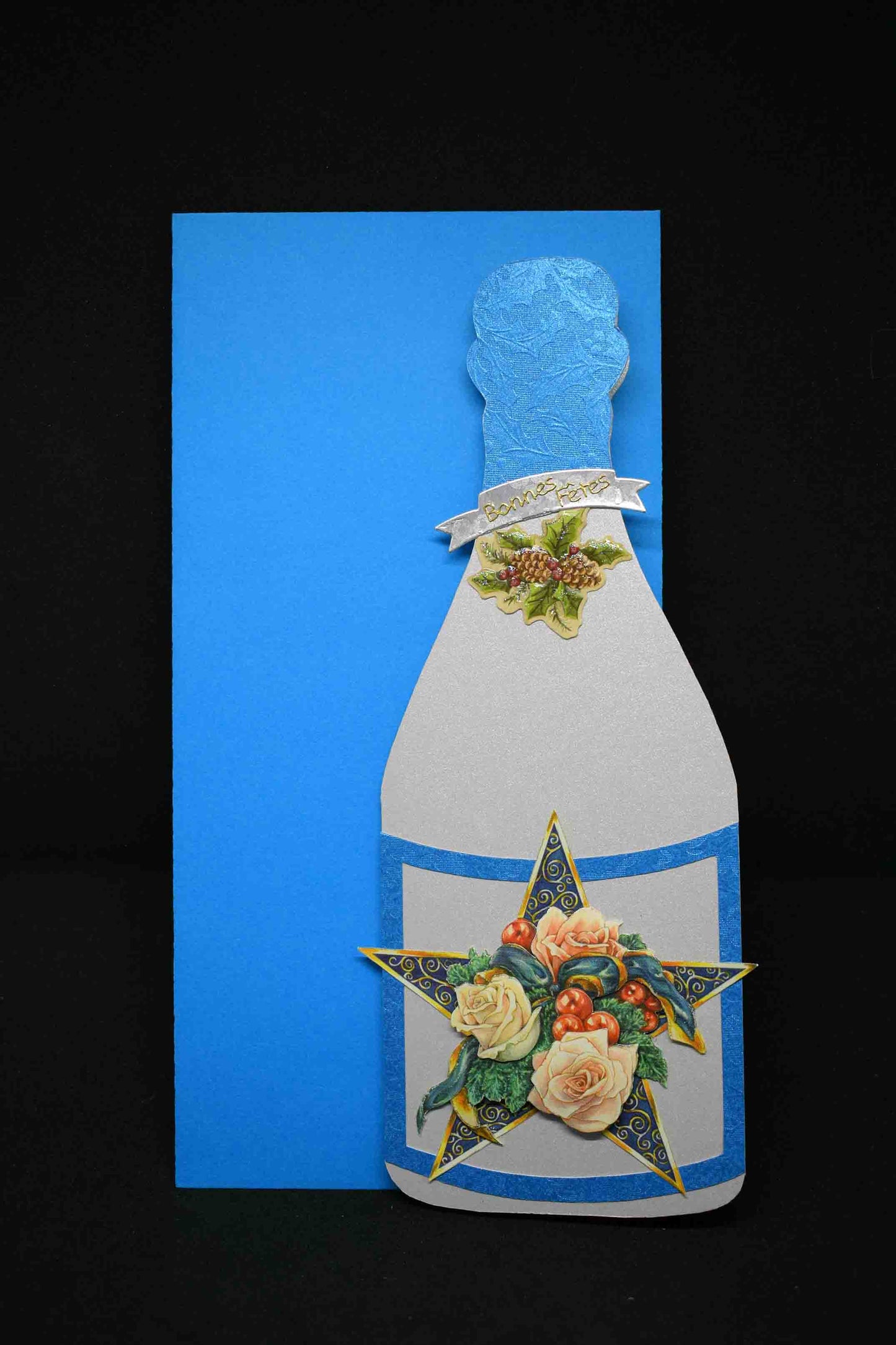 Carte de Noêl 3D en forme de bouteille grise et bleue - carte artisanale personnalisable motif fleurs