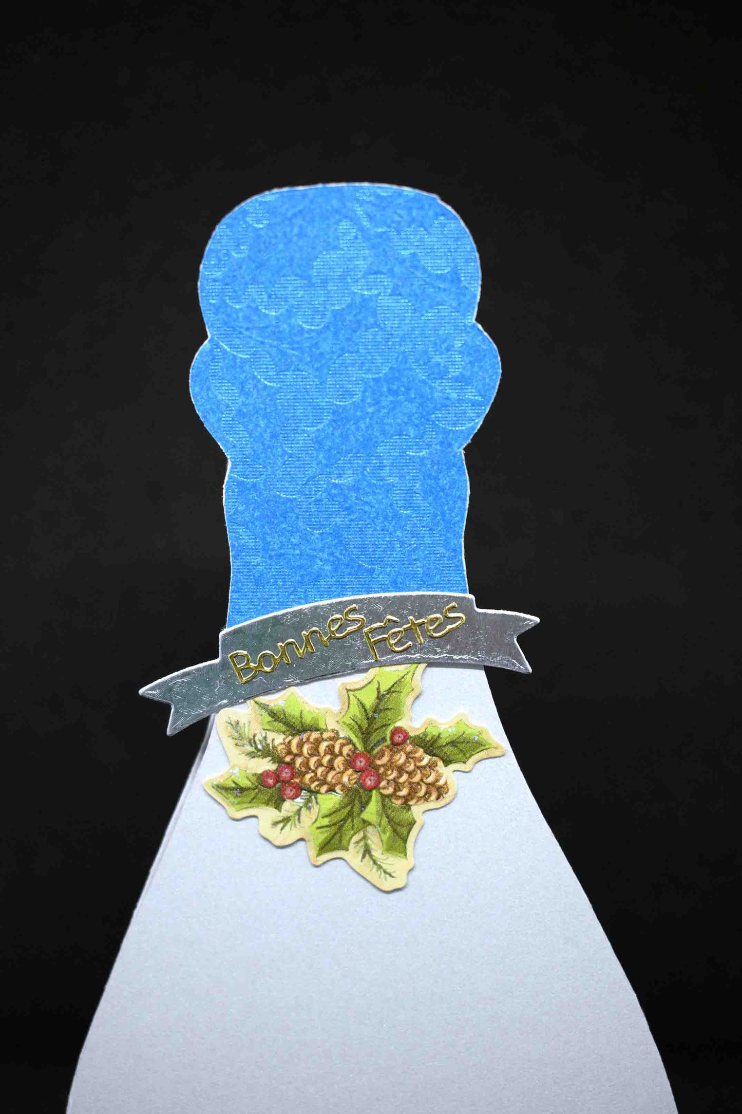 Carte de Noêl 3D en forme de bouteille grise et bleue - carte artisanale personnalisable motif fleurs