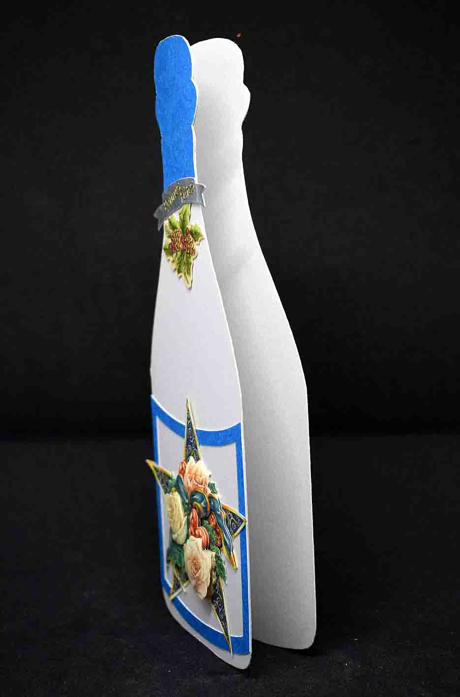 Carte de Noêl 3D en forme de bouteille grise et bleue - carte artisanale personnalisable motif fleurs