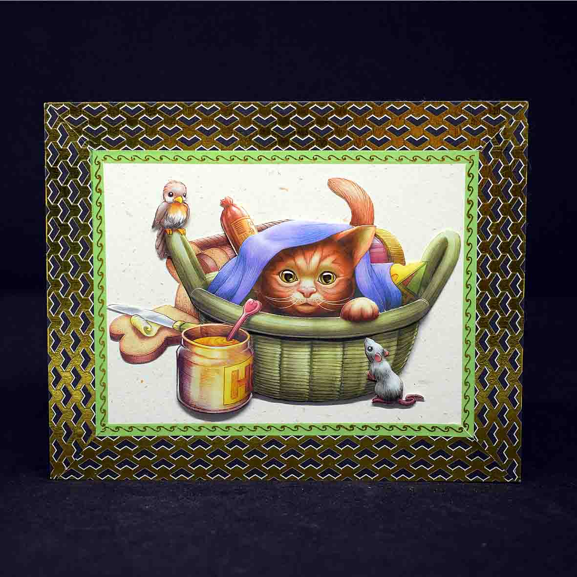 Carte pour anniversaire en 3D  aux motifs chat dans panier picnic