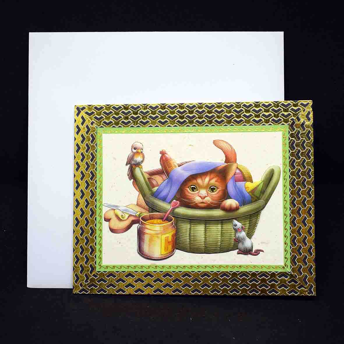 Carte pour anniversaire en 3D  aux motifs chat dans panier picnic