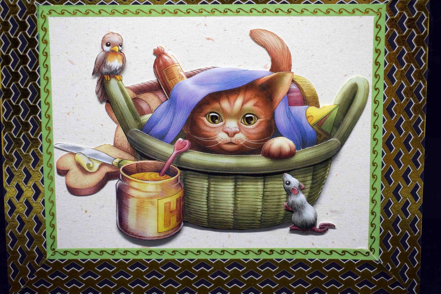 Carte pour anniversaire en 3D  aux motifs chat dans panier picnic