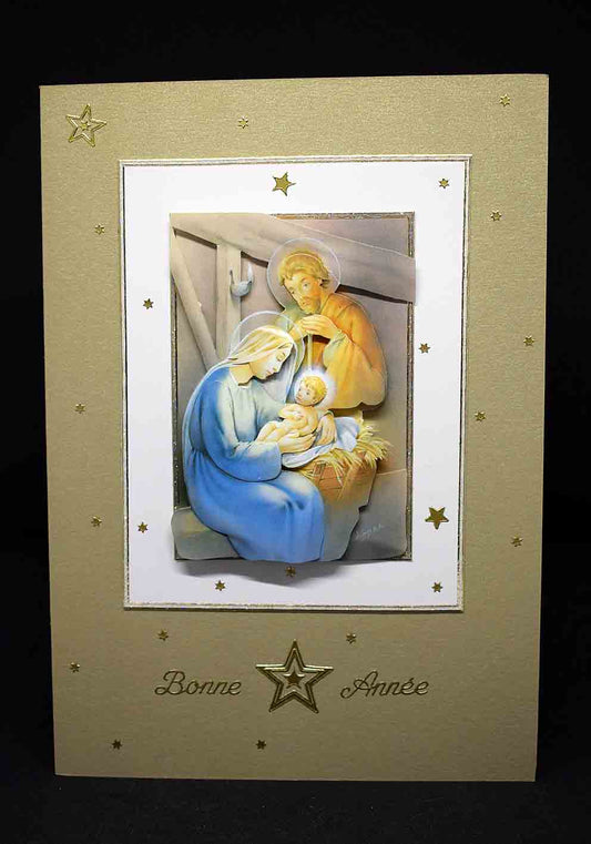 Carte de Noël dorée et blanche au motif en 3D la crèche