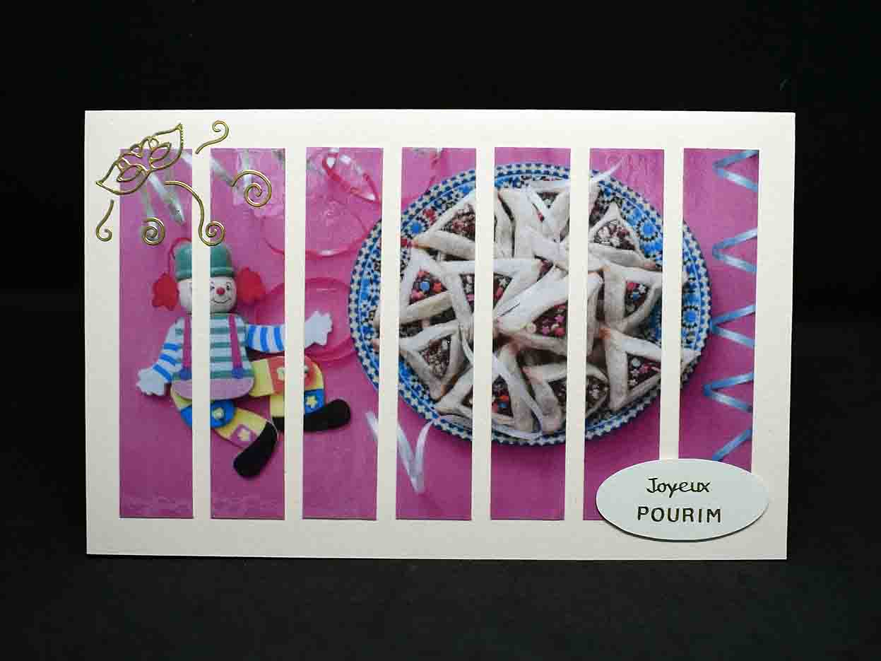 Carte  de Pourim 3D rose – carte artisanale personnalisable fête juive