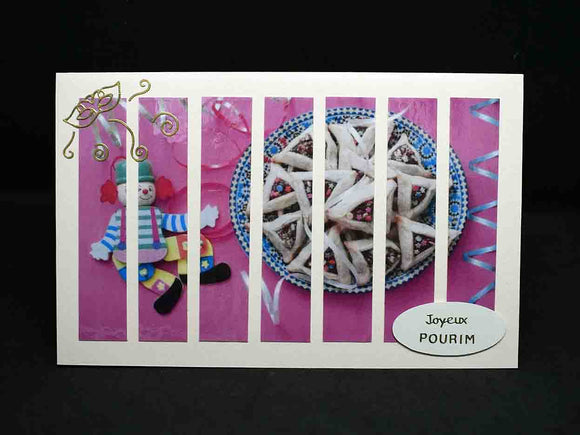 Carte pour fêtes juives, joyeux Pourim, oreilles d'Haman en patchwork