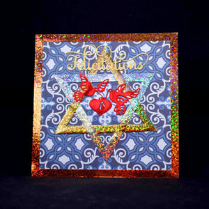 Carte pour fêtes juives, félicitations, étoile de David et colombes rouges