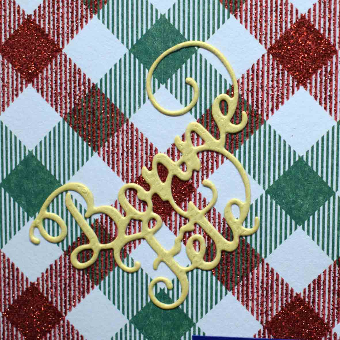 Carte de Noël rouge aux carreaux pailletés motif en 3D chat aux cadeaux