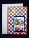 Carte de Noël rouge aux carreaux pailletés motif en 3D chat aux cadeaux