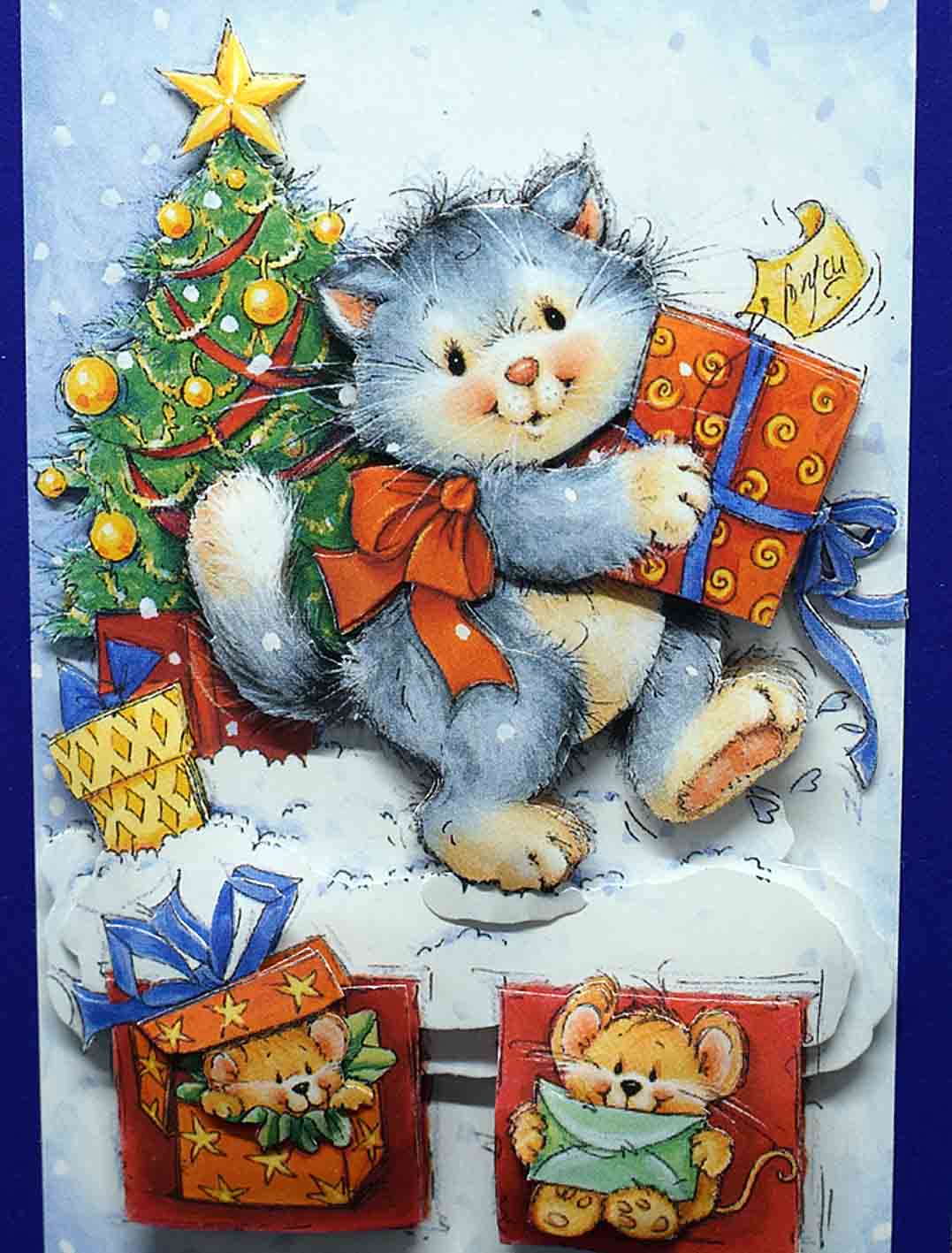 Carte de Noël rouge aux carreaux pailletés motif en 3D chat aux cadeaux