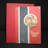 Carte de Noël rouge motif en 3D cloches de noel et ruban noir pailleté