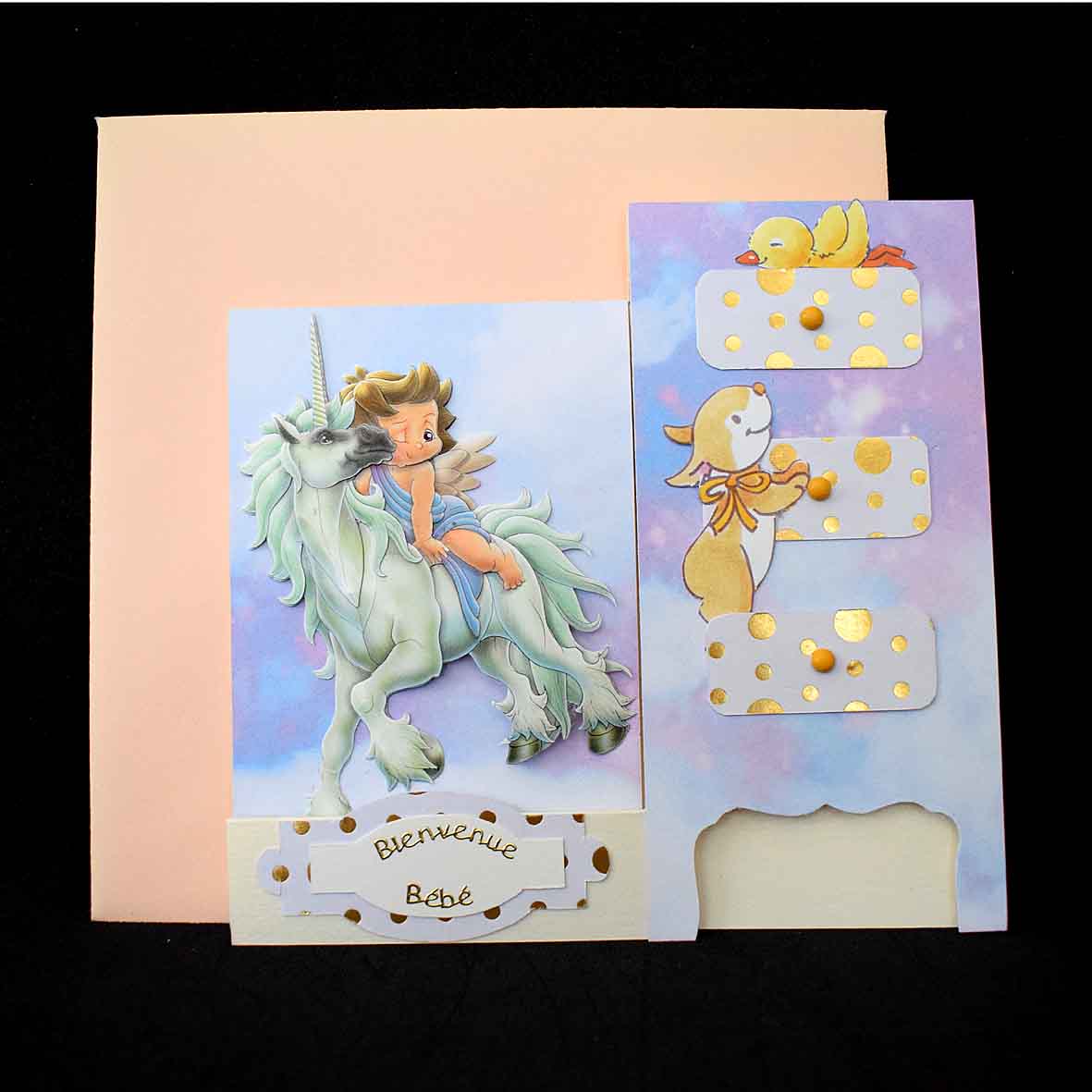 Carte de Naissance en forme de chevalet à la licorne - Carte bébé 3D faite main