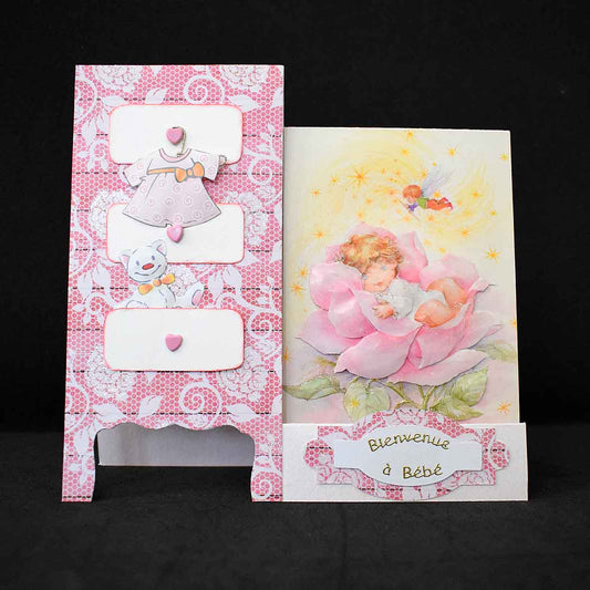 Carte de Naissance en forme de chevalet rose - Carte bébé 3D faite main avec bébé dans une rose