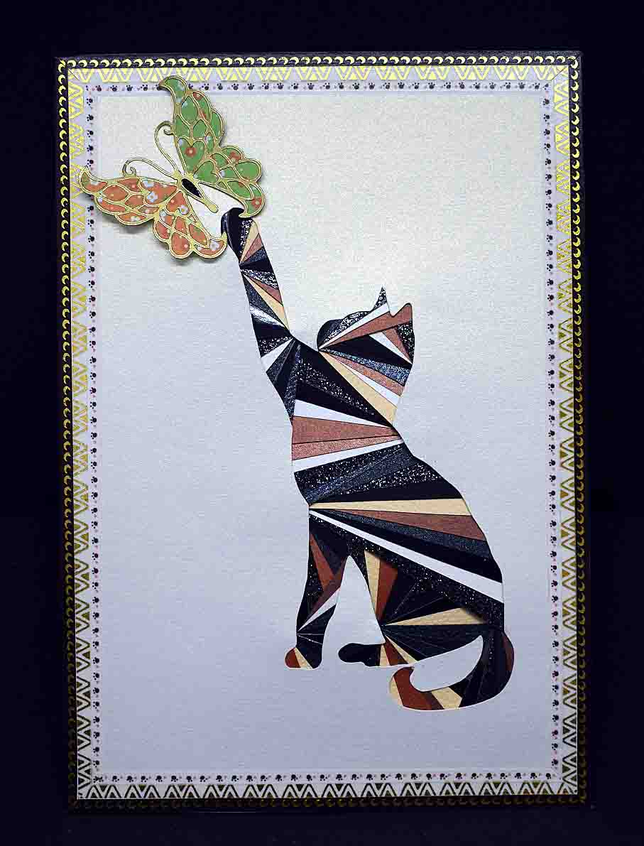 Carte patchwork pour occasion divers en 3D dorée aux motifs chat au papillon
