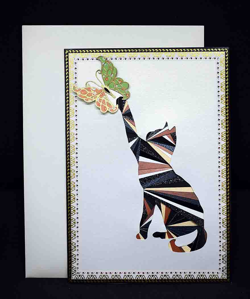 Carte patchwork pour occasion divers en 3D dorée aux motifs chat au papillon
