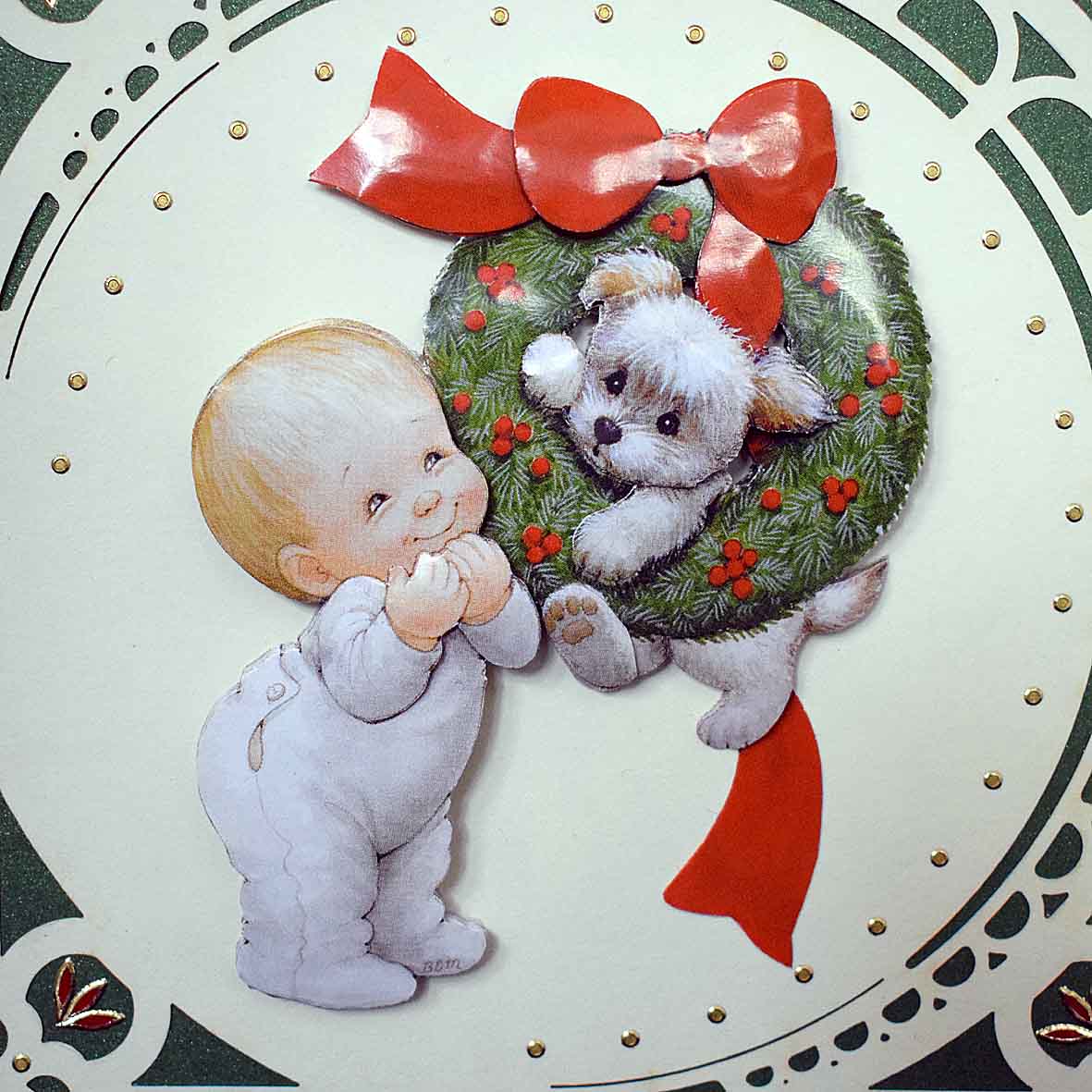 Carte de Noël artisanale 3D – enfant et chien, couronne de Noël, carte faite main