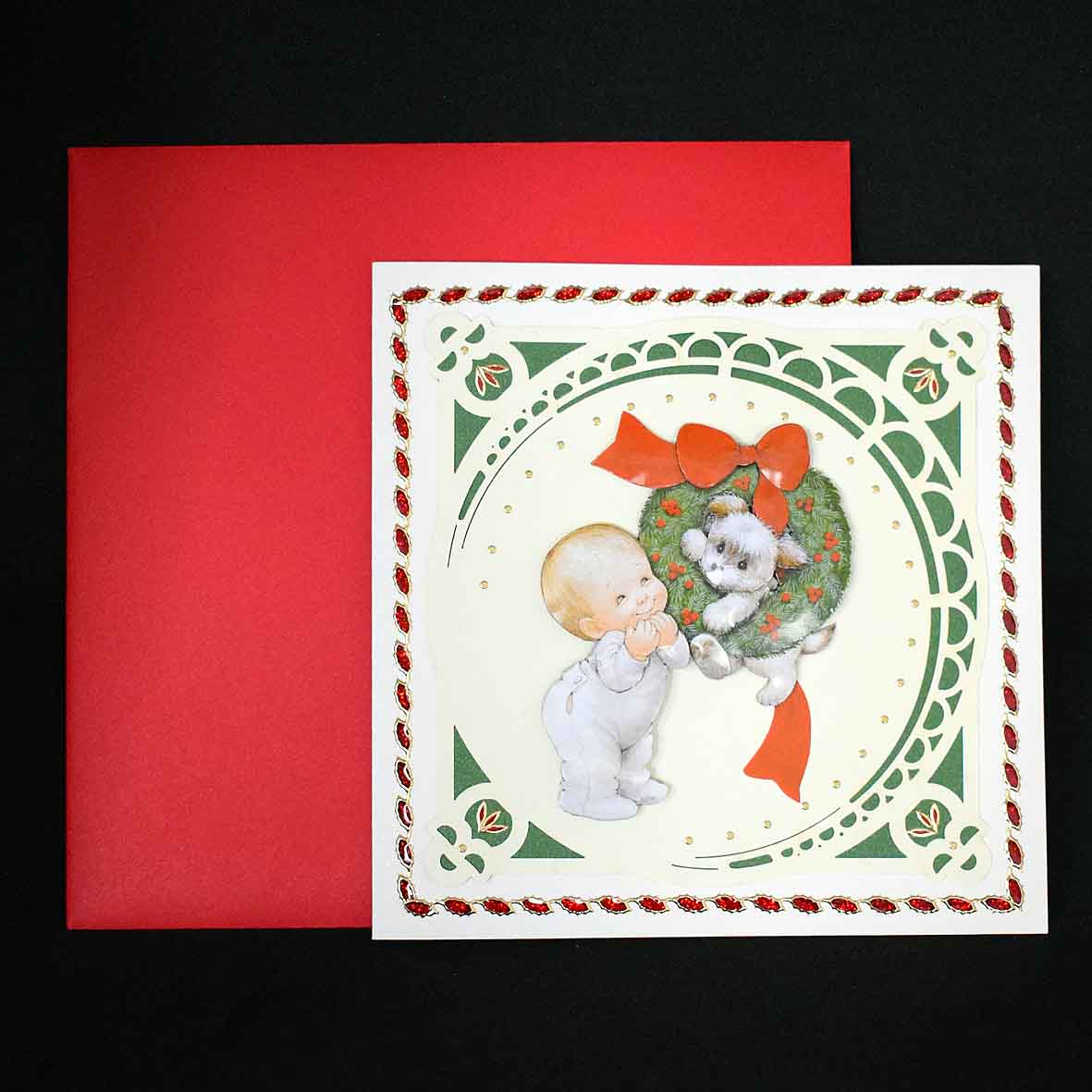 Carte de Noël artisanale 3D – enfant et chien, couronne de Noël, carte faite main