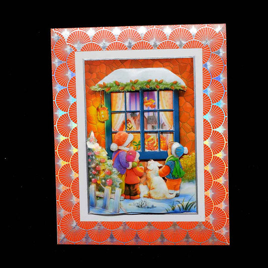 Carte pour noel ou fin d'année blanche motif enfants et chien à la fenètre en 3D