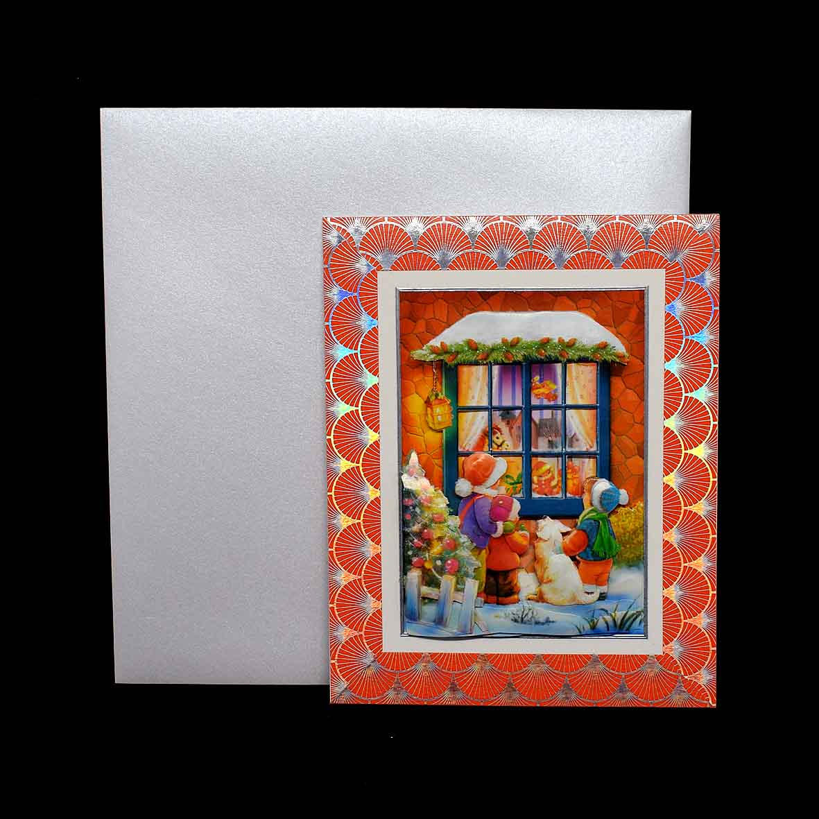 Carte pour noel ou fin d'année blanche motif enfants et chien à la fenètre en 3D