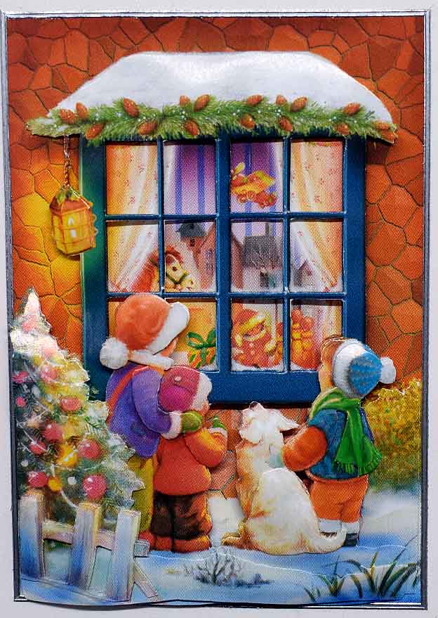 Carte pour noel ou fin d'année blanche motif enfants et chien à la fenètre en 3D